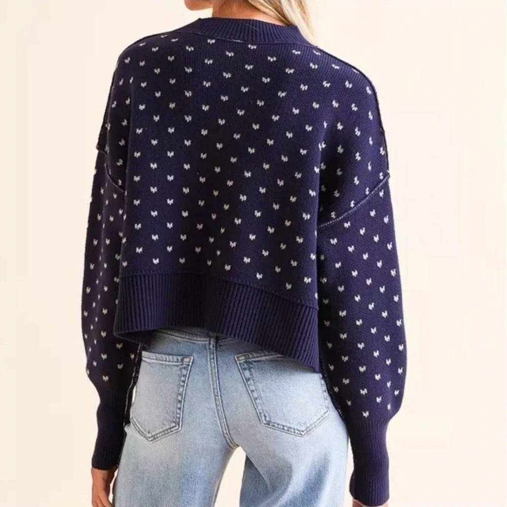 Free People Easy Street Patterned Crop Sweater Womens M Navy Oversized Cozy